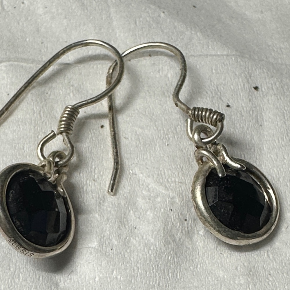 Vintage Sterling Silver tone Black Onyx Drop Earrings